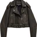 LY VAREY LIN Women Faux Leather Cropped Jacket Lapel Zipper Biker Short Coat with Belt (Small, 2371 Dark Green)