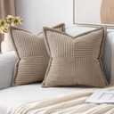 MIULEE Light Brown Corduroy Pillow Covers 18x18 Inch with Splicing Set of 2 Soft Boho Striped Pillow Covers Broadside Decorative Textured Pillowcases for Couch Cushion Bed Livingroom