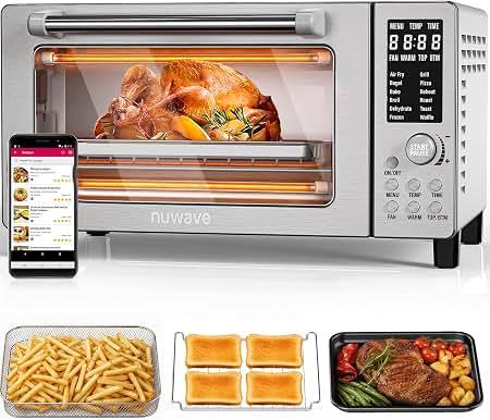 Nuwave Bravo Air Fryer Toaster Smart Oven, 10-in-1 Countertop Convection, 1800 Watts, 21-Qt Capacity, 50-450F Temp Controls, Top and Bottom Heater Adjustments 0%-100%, PFAS Free, Stainless Steel