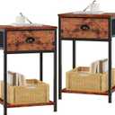 Furologee Nightstands Set of 2, Industrial End Table with Fabric Drawer and Storage Shelf, Retro Bedside Tables Organizer, Side Table for Living Room Bedroom, Rustic Brown