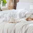 MooMee Flat Top Sheet Only 100% Washed Cotton Linen Like Textured Breathable Durable Soft Comfy (Bright White, Queen)