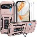 for Google Pixel 9/9 Pro Case with 2 PCS HD Screen Protector, Slide Camera Cover Rotated Ring Kickstand Military Grade Drop Protection, Shockproof Phone Case for Google Pixel 9/9 Pro, Rose Gold