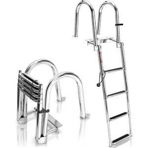 4 Step Boat Ladder, 62" 304 Stainless Steel Pontoon Heavy Duty Folding Dock Non-Slip Swim Ladder for Pontoon Boat, Dock, Deck, Marine Use