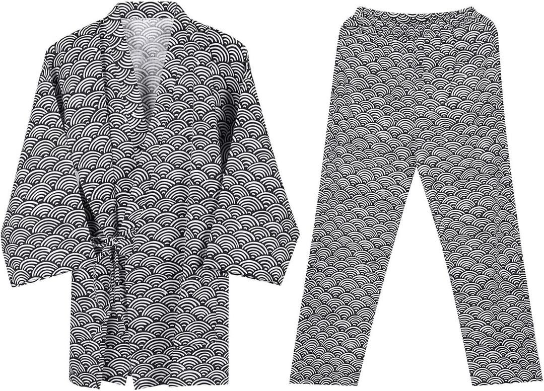 Ibluelover Kimono Robe for Both Men and Women Bathrobe Sleepwear Nightgown Unisex (Black & White Wave Set)
