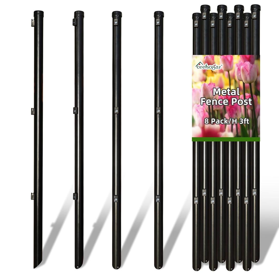 FOREHOGAR Metal Fence Posts 3 Feet, 1-1/4" Diameter, Black, Pack of 8, Round Steel Poles for Wire Fencing, Garden Edging, Lawn, Yard & Landscape Borders
