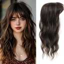 Hair Topper, Big Base 360 3D Hair Toppers for Women with Thinning Crown, 20 Inch Long Curly Wavy Hair Pieces with French Part Clip in Bangs for Daily Use Parties (Dark Brown Mixed Chestnut)