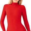 Kepblom Adult Ballet Dance Leotard Turtleneck Long Sleeve Spandex Bodysuit Tops for Women (Large, Red)