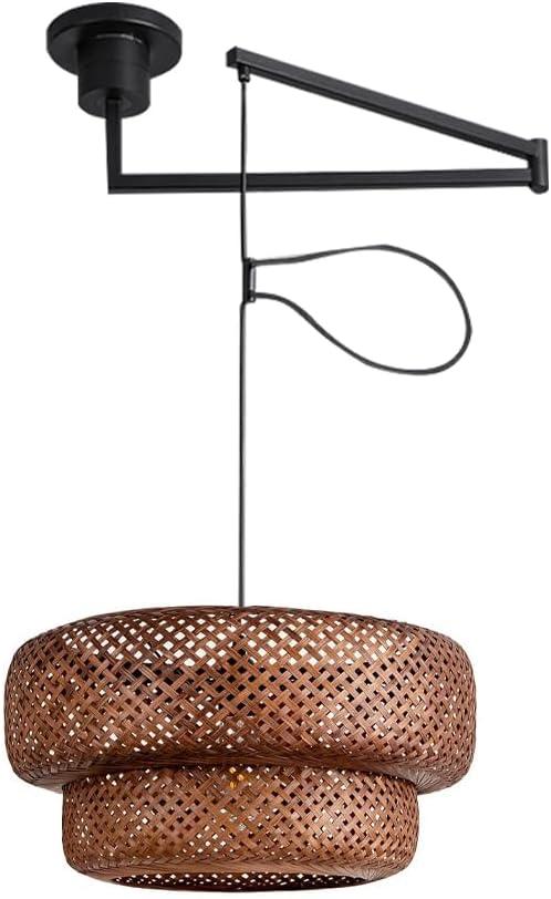 Adjustable Arm Woven Rattan Pendant Light Fixture, Boho Swing Arm Basket Weave Hanging Light, Vintage Round Shape Handwoven Pendant Light for Kitchen Island Dining Room (Coffee), 48.6"Hx14.1"Wx14.1"W