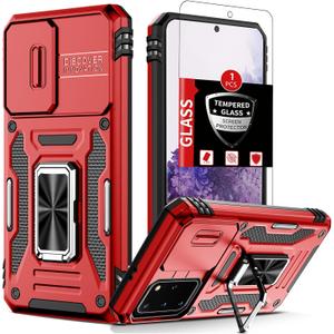 for Samsung Galaxy S20 Case with Screen Protector,Built-in Slide Camera Cover+360Kickstand Ring for S23+Plus Case Shockproof Anti-Scratch Military-Grade Drop Heavy Duty Protection Red