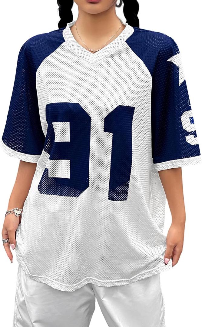 SHENHE Women's Oversized Football Jersey Top Y2K 90s Number Print Crewneck Short Sleeve Loose Mesh Shirt White Medium  SHENHE Women's Oversized Football Jersey Top Y2K 90s Number Print Crewneck Short Sleeve Loose Mesh Shirt White Medium