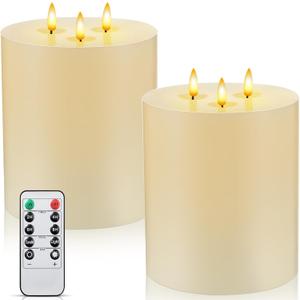 Retisee 2 Pack Extra Large Flameless Candles Battery Operated Real Wax 3 Wicks LED Pillar Candles with Remote Control and Timer for Wedding Christmas Home Party Decoration(Ivory,6 x 8 Inch)