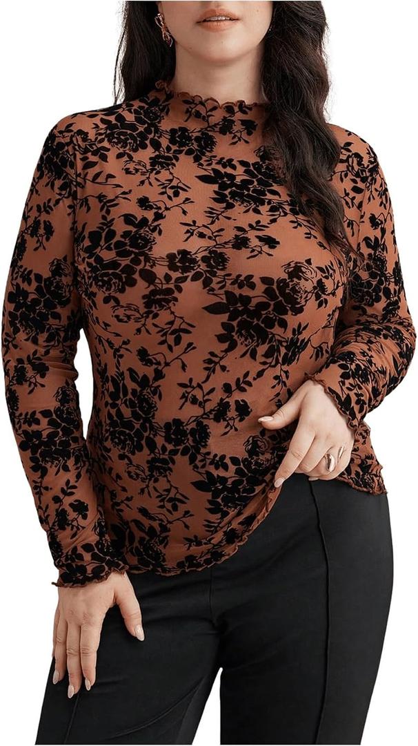 WDIRARA Women's Plus Size Floral Jacquard See Through Mesh Top Lace Mock Neck Long Sleeve Shirts (Brown, XL)