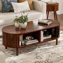 ZttRiee Oval Coffee Table with Sliding Doors, Mid-Century, Walnut