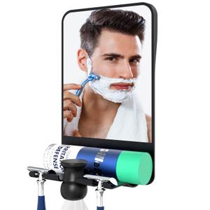 COSMIRROR Shower Mirror Fogless for Shaving with Razor Holders, Anti Fog Mirror for Shower, Adjustable Shower Shave Mirror for Men and Women, Large Shatterproof Fog Free Shaving Mirrors, No Drilling (Black Without Light)