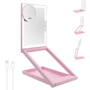 GURUN Travel Mirror with Light 10x Magnification Lighted Travel Makeup Mirror with Adjustable Height Dimmable 3-Color Folding Portable Mirror 2000mAh Rechargeable LED Small Vanity Mirror (Pink)