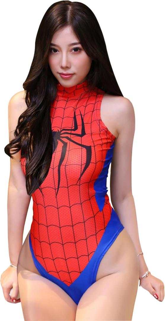 Women's One-Piece High Cut Superhero Cosplay Leotard Bodysuit Teddy Swimsuit Set (Red, One Size)