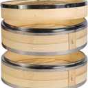2-Tier Kitchen Bamboo Steamer with Stainless Steel Rings for Asian Cooking | Sauce Dish & 2-Chopsticks | Buns Dumplings Vegetables Fish Rice (9.4")