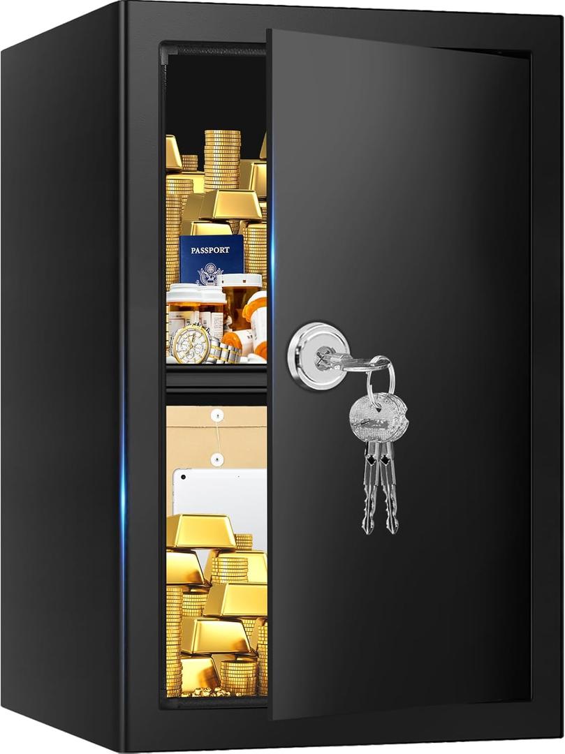 2.6 Cubic Feet Fireproof Safe Box with Key Lock, Hidden Steel Security Box with Removable Shelf for Cash, Documents and Passports, Personal Safes for Home/Office, 13.78" W x 12.99" D x 16.54" H