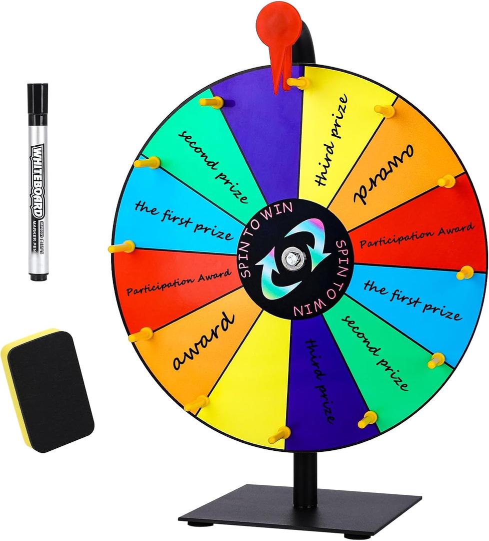 Prize Wheel Spinner with Stand, 12 Inch Spinning Wheel Featuring 12 Prize Slots, Colorful Prize Spin Wheel Perfect for Carnivals, Home Parties, Trade Shows and Lucky Draw