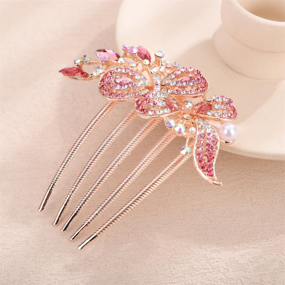 Aimimier Dainty Crystal Hair Comb Sparkly Bow Leaf Rhinestone Inlaid Hair Side Combs Vingtage Long Teeth Hair Clip Wedding Hair Accessories for Women (Pink)