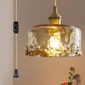 Glass Pendant Lights Kitchen Island Plug in Pendant Light with Dimmable Switch Amber Glass Lampshade for Bedside Dining Room Foyer, Brass