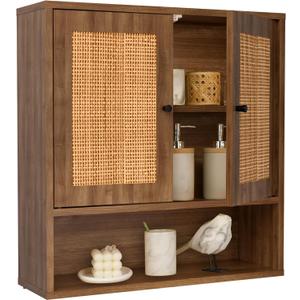 Wall Mounted Cabinet with Rattan Double Doors, 3-Tier Storage for Bathroom Over Toilet, Floating Shelf for Towels & Decor, Boho Medicine Cabinet for Kitchen, Dining Room, 23.23 x 7.68 x 24 in, 23.2x 7.68x24 in