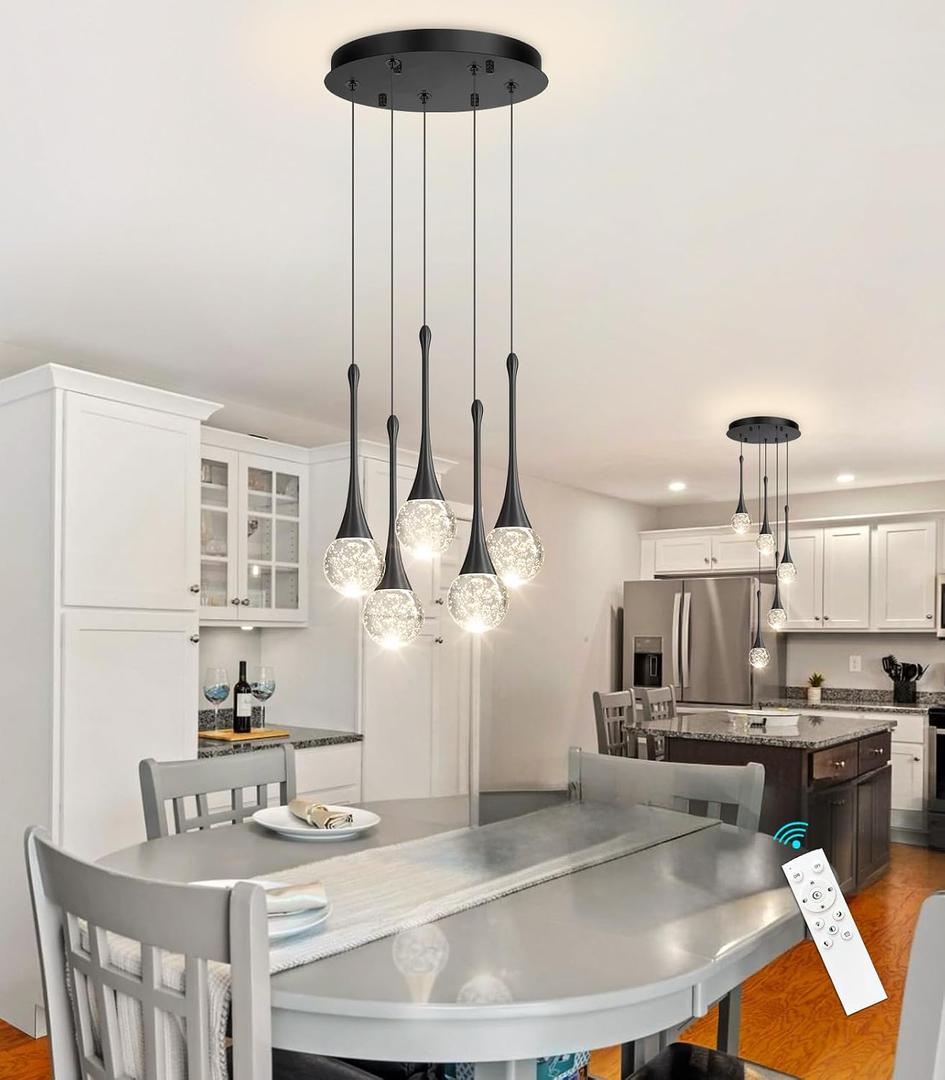cenzoz 5-Lights Modern Pendant Lights for Kitchen Island LED Dimmable Chandelier Crystal Glam Ceiling Pendant Lighting for Dining Room Hallway Bedroom Lamp Black, 5 Lights Rectangular
