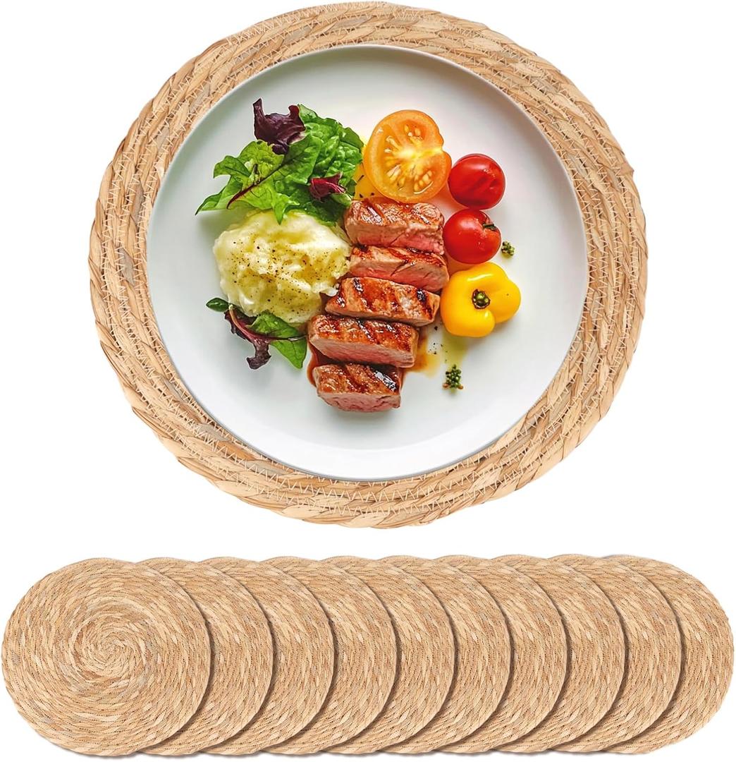 Round Woven Placemats Set of 10-13 Inch Natural Water Hyacinth Place Mats for Dining Table, Boho Farmhouse Kitchen Table Decor, Rustic Braided Table Mats for Daily Use & Holiday Table Setting