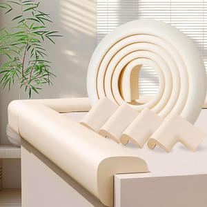 Baby Proofing Edge & Corner Protectors, White Foam L-Shape Self-Adhesive Bumper Strip + 4Corner Guards, Wall & Furniture Safety Bumpers for Nursery, Kitchen, Fireplace, Table, Desk