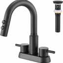 Bathroom Sink Faucet with Pull Down Sprayer 3 Holes, Matte Black 4 inch 2 Handles Centerset Laundry Bar Basin Pull Out Faucet with Pop-Up Drain, KBL-MP-6002B-CL