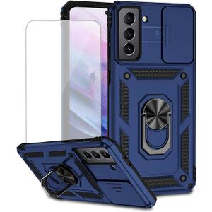 Galaxy S21 Plus Case, Samsung S21+ SM-G996U Case with Tempered Glass Screen Protector and Slide Camera Cover, Magnetic Ring Car Mount Holder Kickstand Cover for Samsung Galaxy S21+ 5G Blue