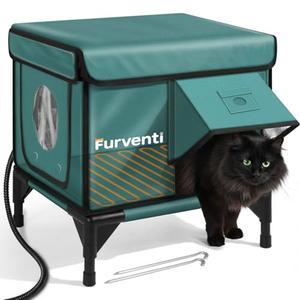 Heated Cat House for Outdoor Cats, Waterproof Insulated Outdoor Cat House with Heating Pad, Weatherproof Elevated Heated Cats House for Outside Feral Cats(Deep Green, 16.5" L x 12" W x 18" H)
