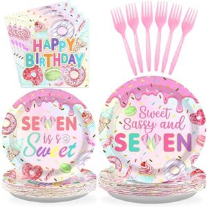 Grencian 96 Pcs Sweet Sassy and 7 Birthday Decorations Donut 7th Birthday Party Decorations for Girls Colorful Donut Plates and Napkins 7 Years Old Disposable Party Supplies Serves 24