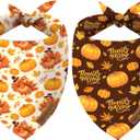 2 x Thanksgiving Dog Bandanas for All Dogs (Turkey Pumpkin Fall Maple Leaves) (2-Pack Triangle Reversible Pet Scarves) Premium Fabric Holidays Bandana, Large V