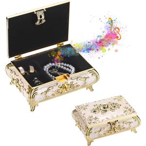 ELLDOO Vintage Music Box, Beige Metal Musical Jewelry Box Keepsake Box, Small Trinket Jewelry Storage Box Gift for Girl Women (Tune: You are My Sunshine), Large