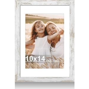 10x14 Picture Frame with Real Glass - 8x12 Wooden Frame with Mat, Horizontal and Vertical Display for Wall or Tabletop (Distressed White, 1 Pack)
