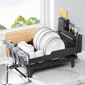 Urackify Dish Drying Rack for Kitchen Counter, Countertop Dish Rack with Drainboard, Multifunctional Dish Drainer with Cups Holder & Cutting Board, Home Plate Storage Rack with Cutlery Holder, Black