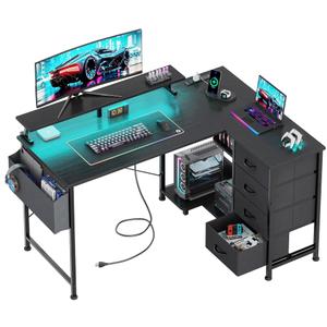 VERMESS 47" Reversible L Shaped Gaming Computer Desk, Corner Desk with Power Outlets & Monitor Stand, Writing Study Table with 4 Storage Drawers, Desk with LED Lights, Black
