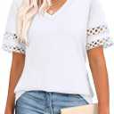 XIEERDUO Womens Summer Tops Dressy Casual Blouses for Women V Neck Short Sleeve Shirts Fashion Clothes Curved Hem Flowy (White, L)