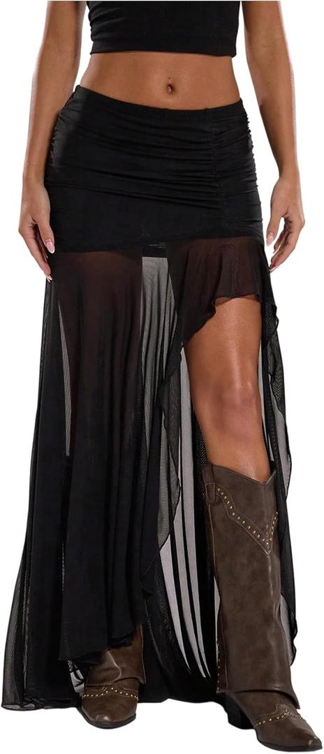 GORGLITTER Women's High Slit Mesh Skirt Y2k Goth Sheer Ruched Bodycon Asymmetrical Long Skirts with Shorts (Black, S)