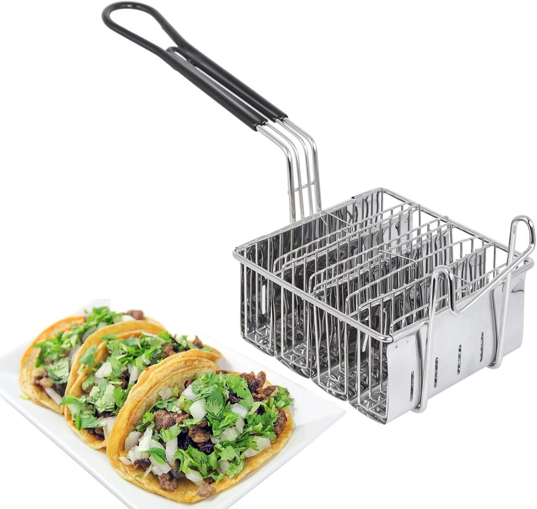 4 Shells Taco Fryer Basket Stainless Steel Taco Fryer Holds Kitchen Deep Fry Basket with Handle Flat Bottom Frying Shell Mold