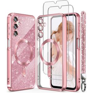 Magnetic for Samsung Galaxy A16 5G Case +2X Screen Protectors,Luxury Plated Gold Edge [Glitter Card&Wrist Strap] Slim Soft Crystal Clear TPU Shockproof Case Cover for Galaxy A16 5G-Pink