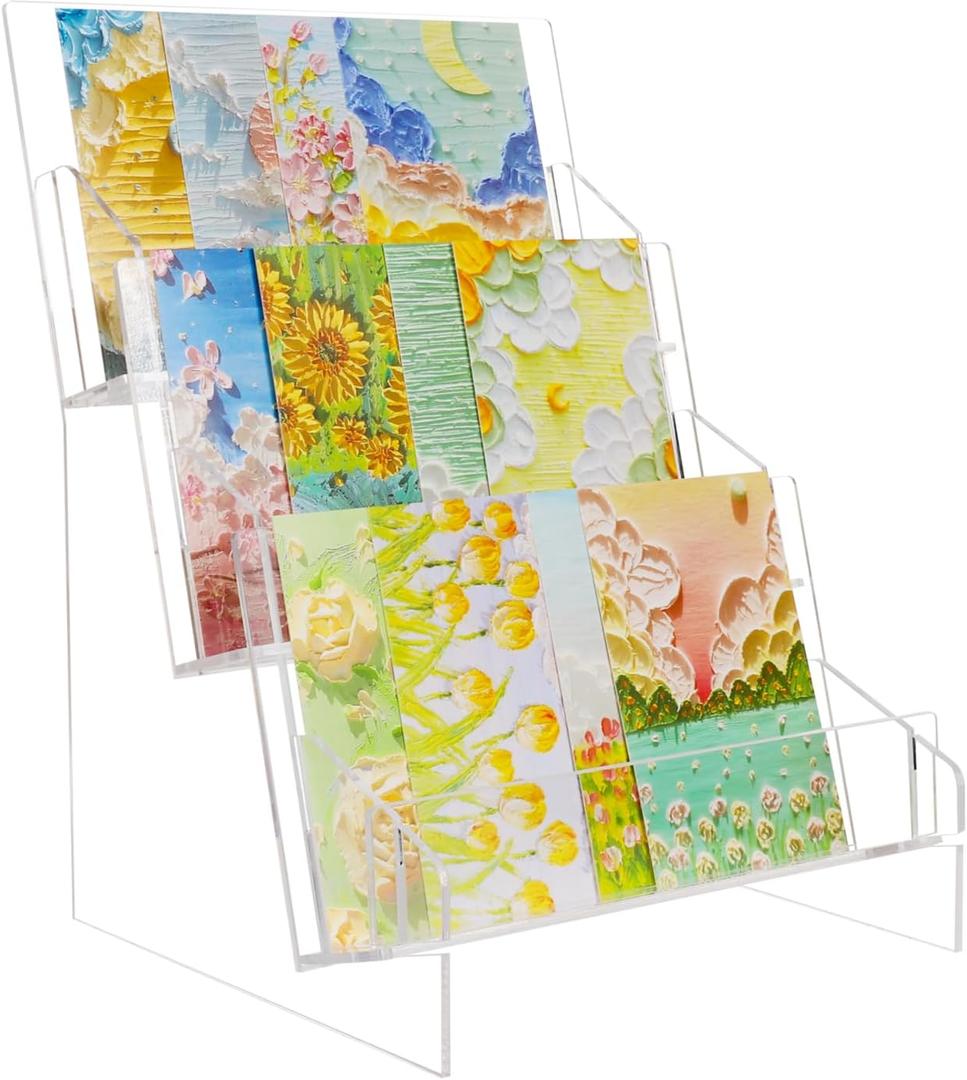 Acrylic Greeting Card Display Stand, 3-Tier Sticker Display Holder for Cards Postcard Photos Brochure, Vendor Booth Display Items for Retail Vendors Home Birthday Office Market Decor