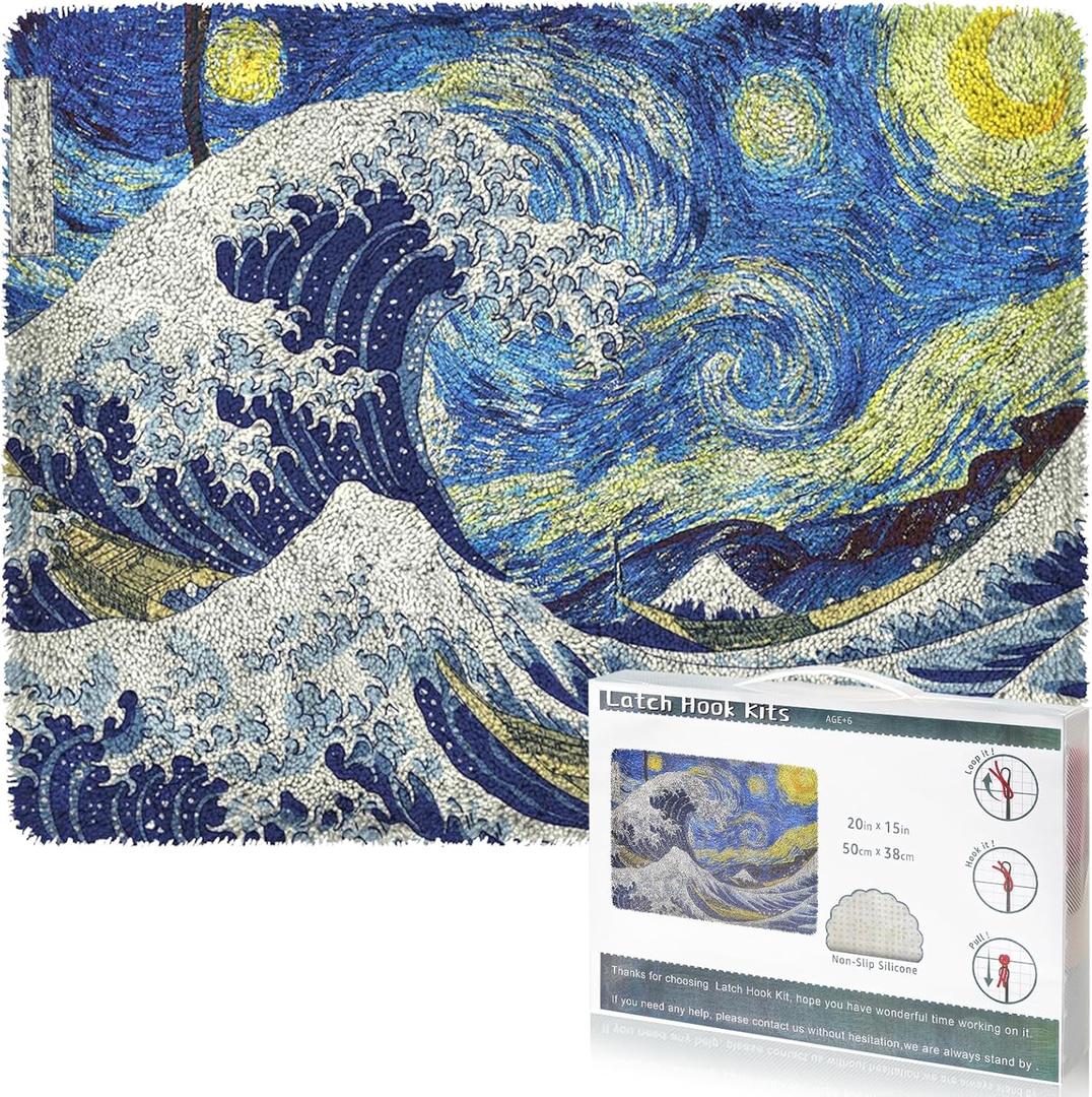 EsLuker.ly Latch Hook Rug Kit DIY Crochet Carpet for Beginners, Sea Wave Patterns Pre-Printed Canvas Yarn Rug Hooking Kits, Creative Craft Home Decor Ideal for Learning Rug Making