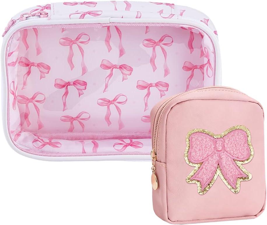 ACRNIGHEET Pink Bow Patch Clear Makeup Bag with Cute Emergency Period Bag, Clear Cosmetic Pouch PVC Organizer Purse, Portable Waterproof Toiletry Pouches for Women Travel Storage Valentine's Day Gift