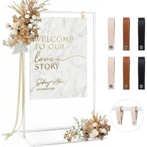 Wedding Welcome Sign Stand, 50" Standard Height - White Metal Sign Holder with 6 Leather Straps, Easel Stand for Seating Charts & Event Dcor