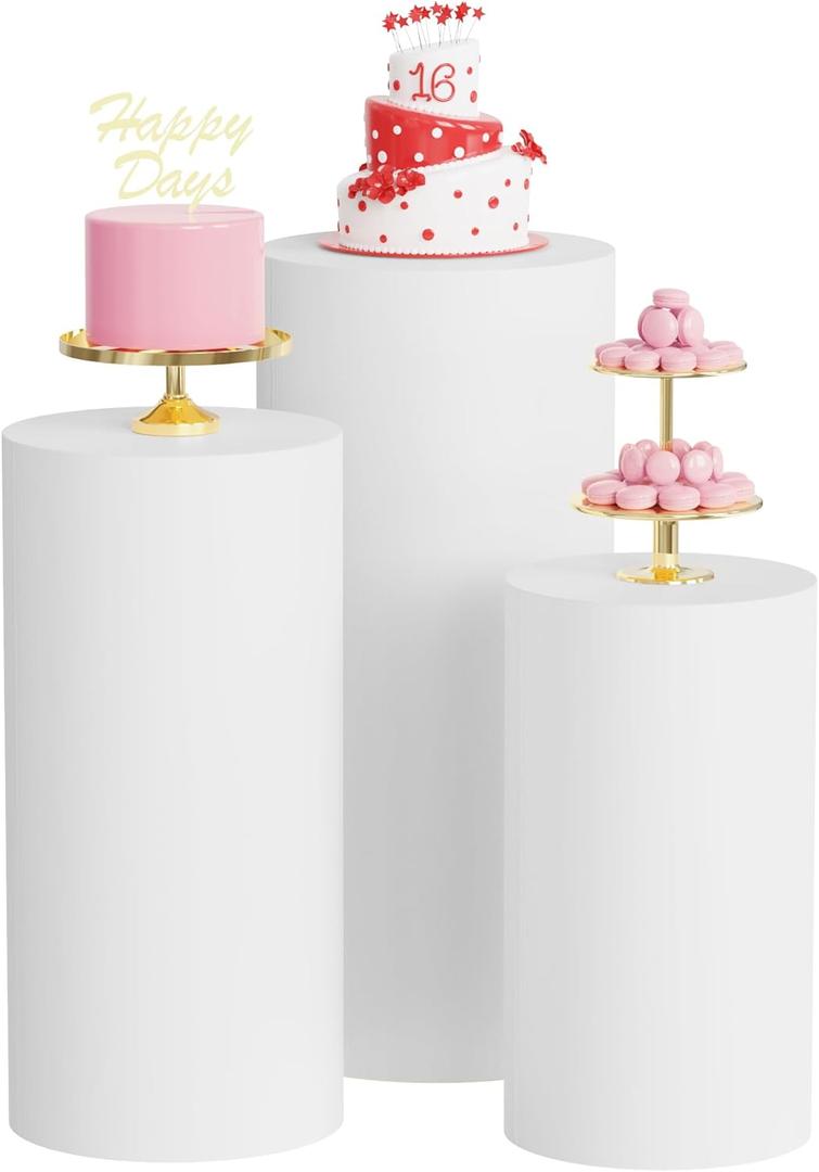 Wokceer Spandex Cylinder Stand Covers for Party 3Pcs Cylinder Pedestal Covers Plinth Pillar Cover for Birthday Party Wedding Props Decor White (Only Cover)