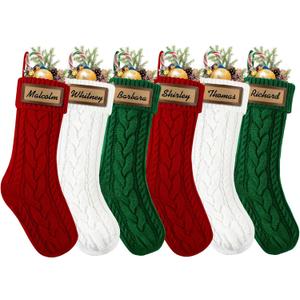 XOYTN 6pack Christmas Stockings, 18inch Large Personalized Cable Knitted Xmas Hanging Stocking Decorations with Leather Patches Custom Name for Holiday Christmas Party Family Decor (Red Green White)