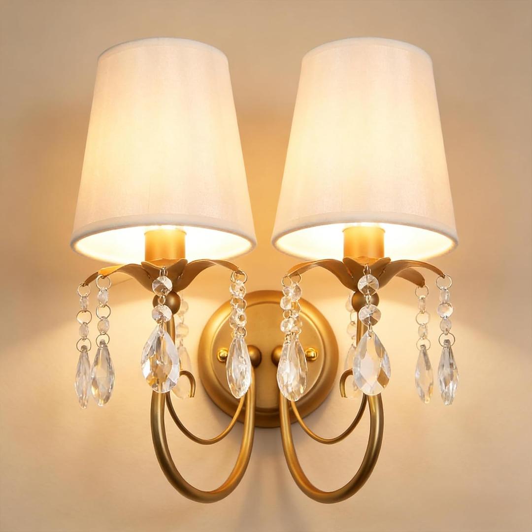 Vintage Wall Sconces 2-Light, Gold Wall Sconces Lighting with Fabric Shades & Crystal, Classic Antique Wall Lamp for Bedroom Living Room Hallway Stairway, E12 Base