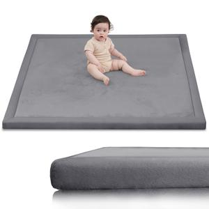 Baby Play Mat for Floor,1.3" Thick Elasti-Foam 50x50 Playpen Mat for Toddlers Infant kids,Water-Repellent Soft Coral Velvet for Tummy Time,Non-Slip Backing for Crawling,Tatami Style (Dark Grey)